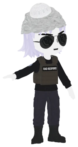 Radbro #2564, the ghost, in 3D: white face, pale lavender hair under a crumpled tin-foil hat and white kufi, black aviators, and a RAD RESPONSE plate carrier, one arm held out.