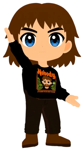 Radbro #652 in 3D: shaggy brown hair, big blue anime eyes, a black Nobody sweatshirt and brown trousers, one fist raised in a cheer.