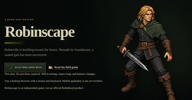 Robinscape landing page: the title in pale serif type beside a pixel-art swordsman in a green cloak.