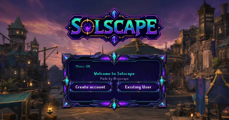 Solscape login screen: the glowing Solscape logo over a harbor town at dusk, with Create account and Existing User buttons.